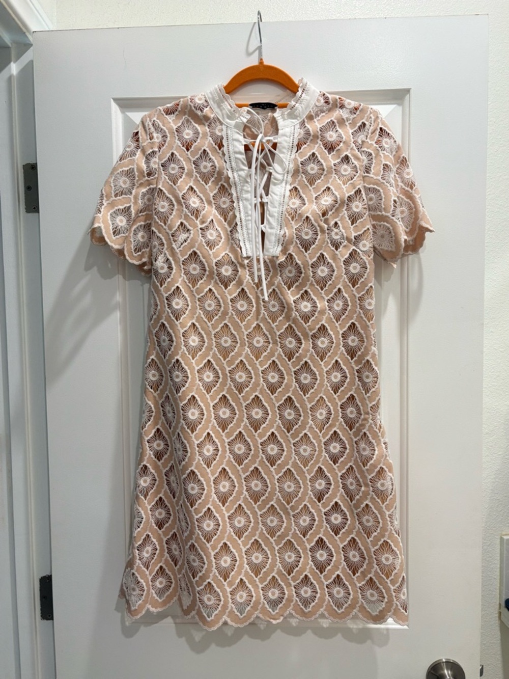 SANDRO Beige & White Lace Overlay Shift Dress
